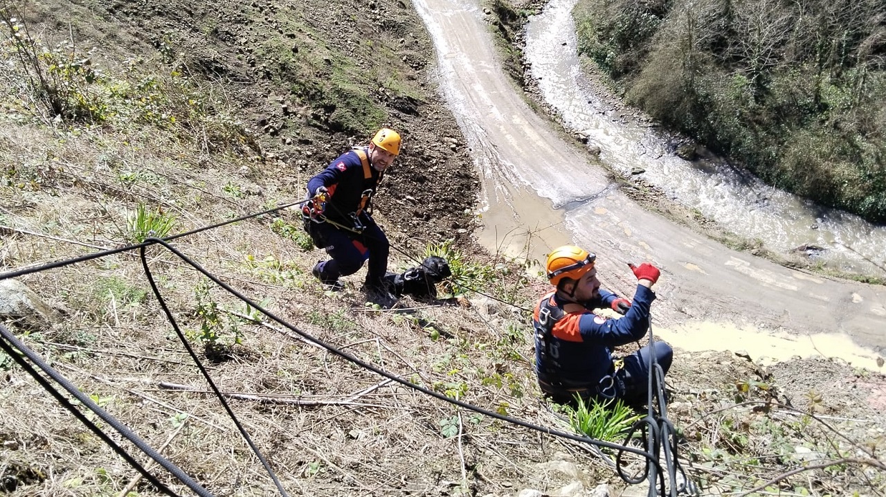 Giresun’da uçurumdan düşerek mahsur kalan köpek kurtarıldı