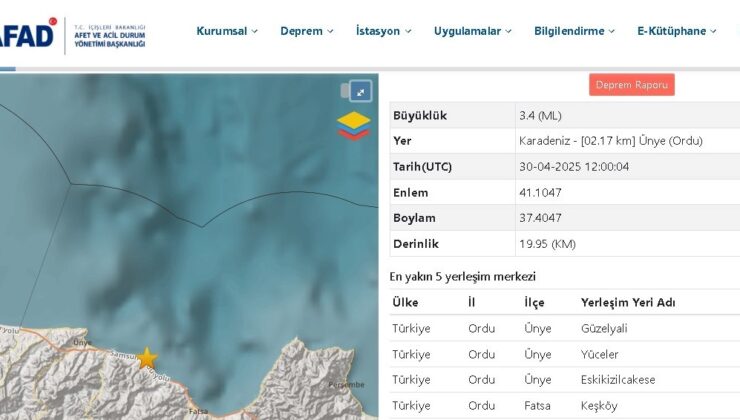 Ordu’nun Ünye İlçesinde 3.4 Büyüklüğünde Deprem