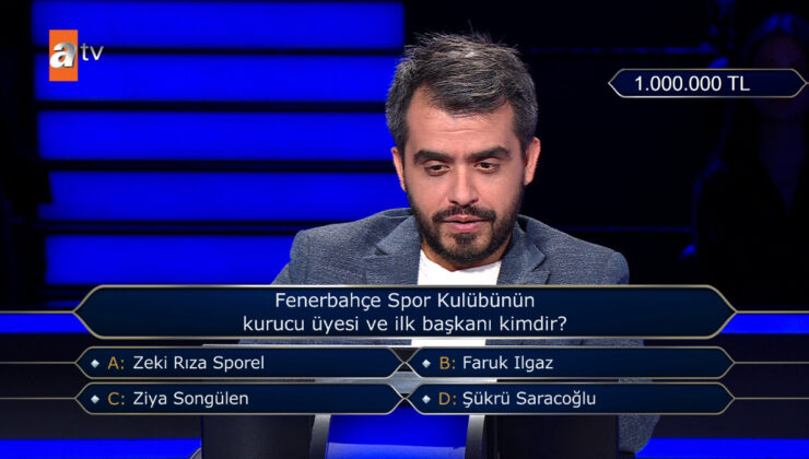 Kim Milyoner Olmak İster yarışmasında 1 milyon TL değerinde Fenerbahçe sorusu