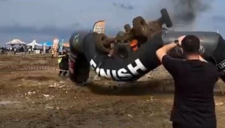 Trabzon’da off-road yarışında araç, takla atarak bitiş balonunu devirdi