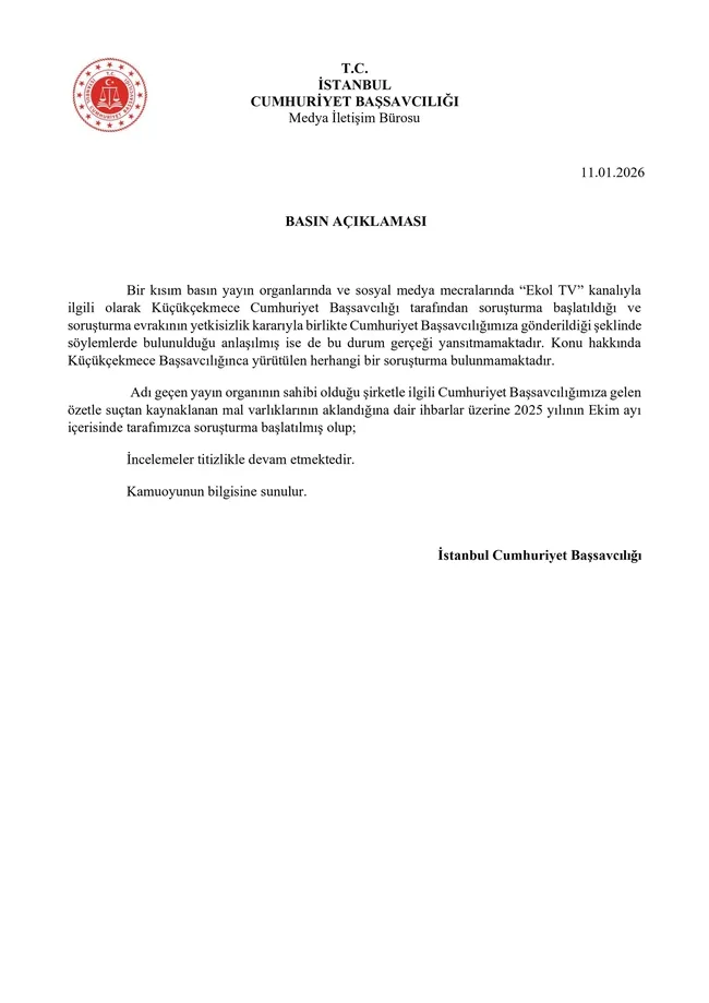İstanbul Cumhuriyet Başsavcılığı Ekol TV açıklaması