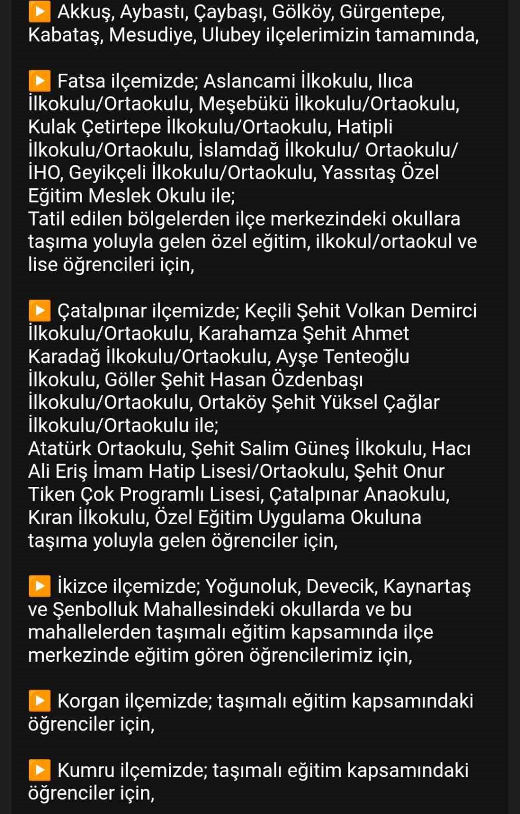 Ordu’da eğitime kar engeli