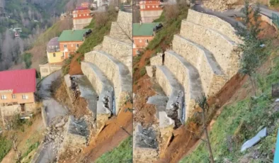 Rize’de İstinat Duvarı Çöktü, Mahalle Yolu Kapandı: 2 Ev Boşaltıldı