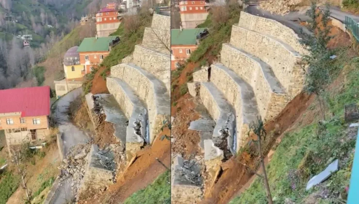 Rize’de İstinat Duvarı Çöktü, Mahalle Yolu Kapandı: 2 Ev Boşaltıldı