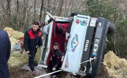 Cide’de Can Pazarı: Saman Yüklü Kamyonet Şarampole Uçtu