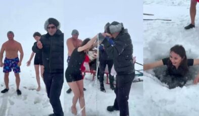 Çıldır Gölü’nde Akılalmaz Görüntüler: Eksi 23 Derecede Buzları Kırdırıp Yüzdü