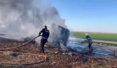 Şanlıurfa’da Yakıt Yüklü Tır Devrildi, Yola Saçılan Yakıt Alev Aldı